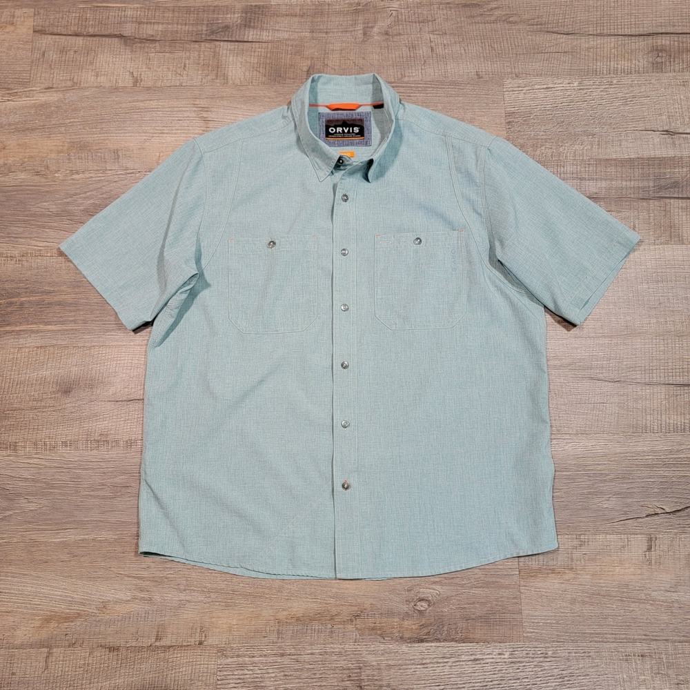 Orvis Mens XL Active Fit Short Sleeve Button Down Shirt Blue Fishing Outdoors